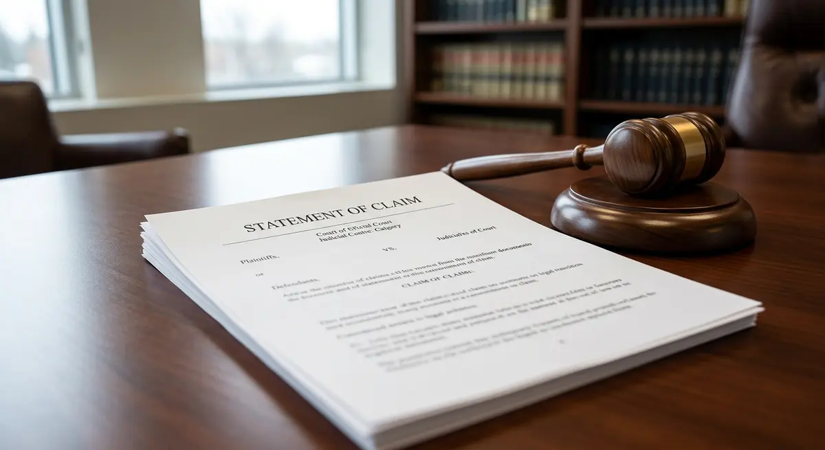 A legal document titled Statement of Claim sitting on a desk next to a wooden judge gavel, representing the judicial foreclosure process in Alberta.