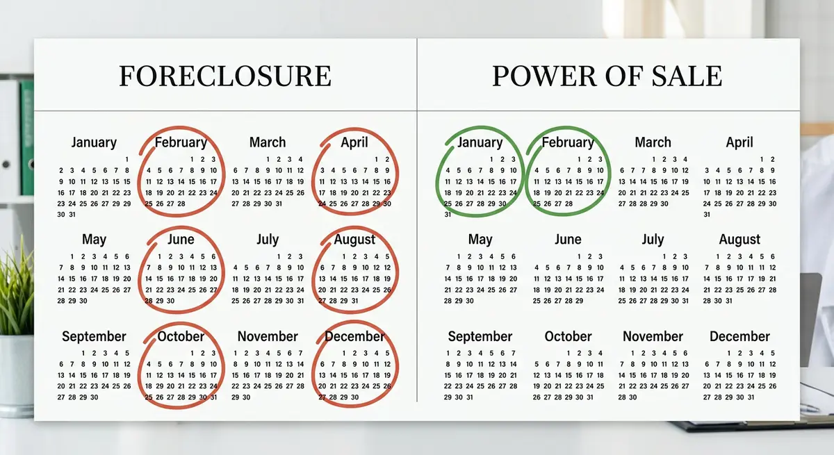 A side-by-side comparison chart showing a calendar with 6 months circled for foreclosure and 2 months circled for power of sale.