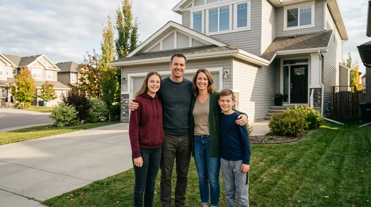 A relieved Calgary family standing in front of their suburban home after successfully stopping a foreclosure process.