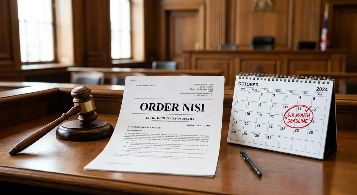 A legal document titled Order Nisi sitting on a desk next to a judge's gavel and a calendar marking a six-month deadline