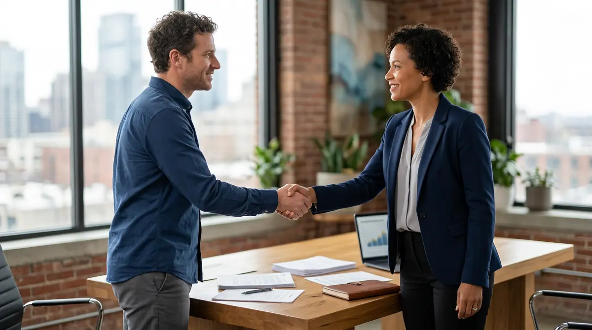 A homeowner shaking hands with a private mortgage broker, finalizing alternative financing to save their property from foreclosure