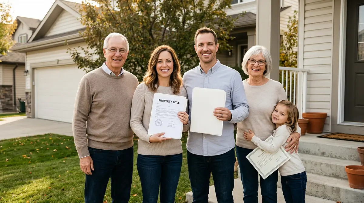 A family standing in front of their home, holding a cleared property title after successfully navigating the Alberta foreclosure process