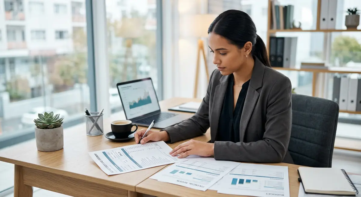 A person reviewing financial documents and a secured credit card statement at a desk