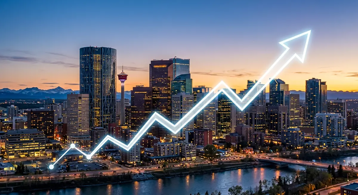 Calgary skyline with a graphic overlay showing an upward trending financial recovery arrow