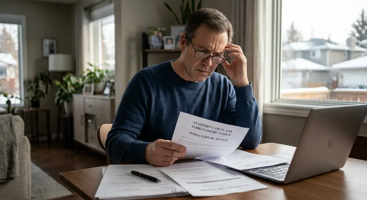 A Calgary homeowner reviewing legal foreclosure documents and a Statement of Claim at their dining table.