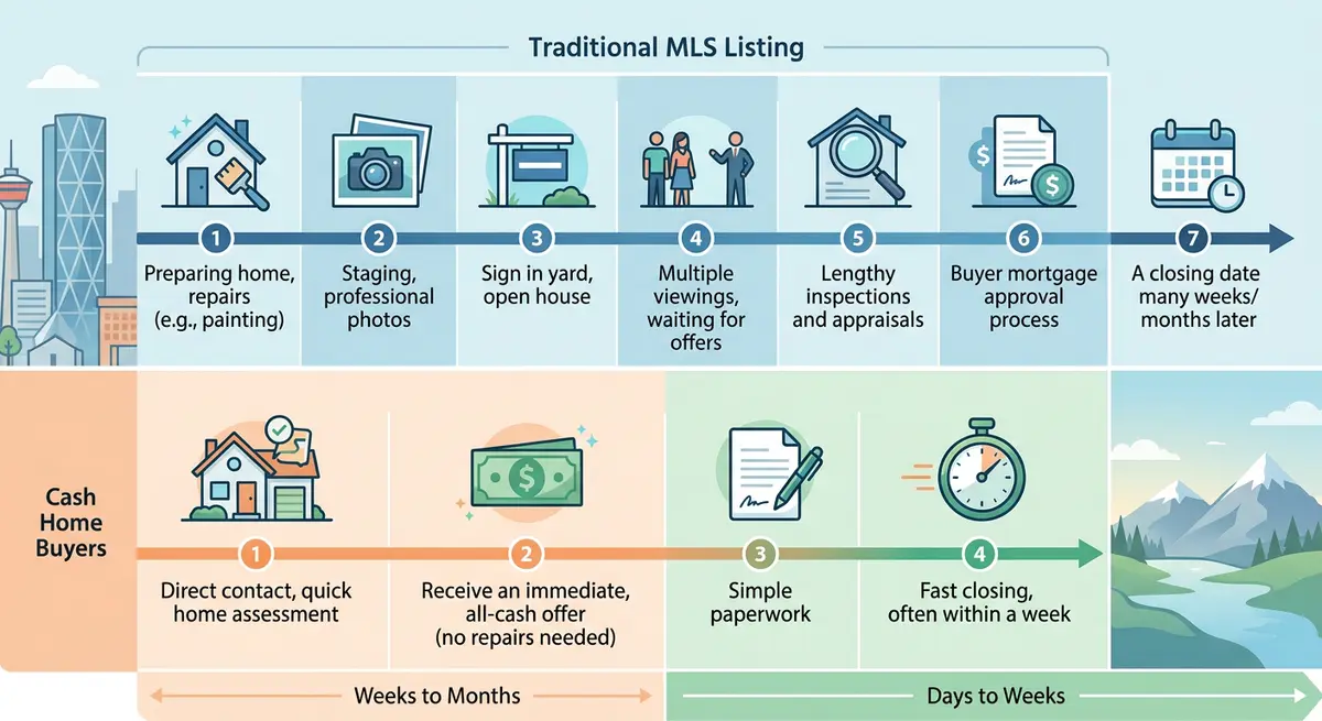 A comparison chart showing the timeline differences between traditional MLS listings and cash home buyers in Calgary.