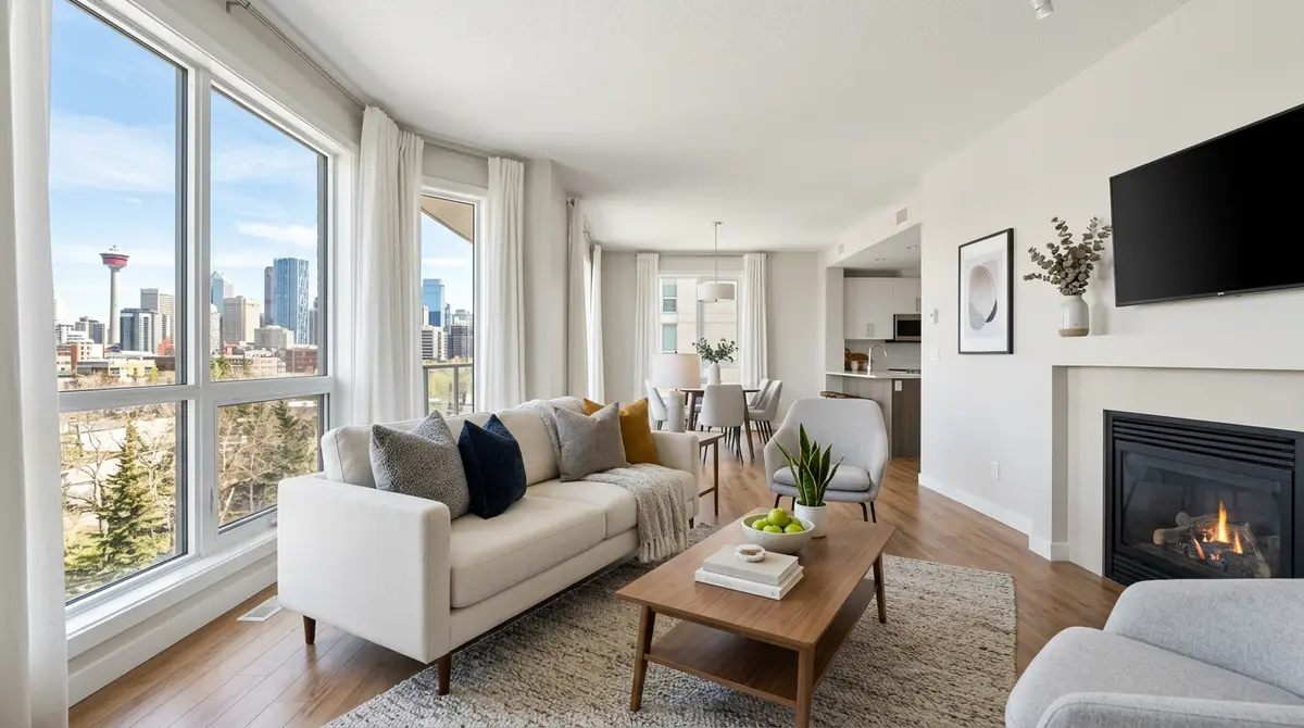 A clean, decluttered Calgary living room prepared for a rapid real estate showing.