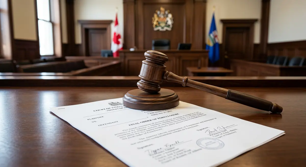 A judge's gavel resting on a Final Order of Foreclosure document in an Alberta courtroom