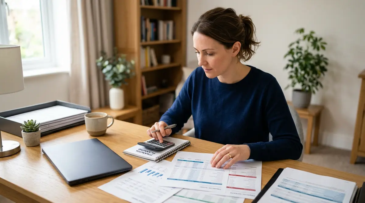 A homeowner reviewing financial documents and calculating debt consolidation savings