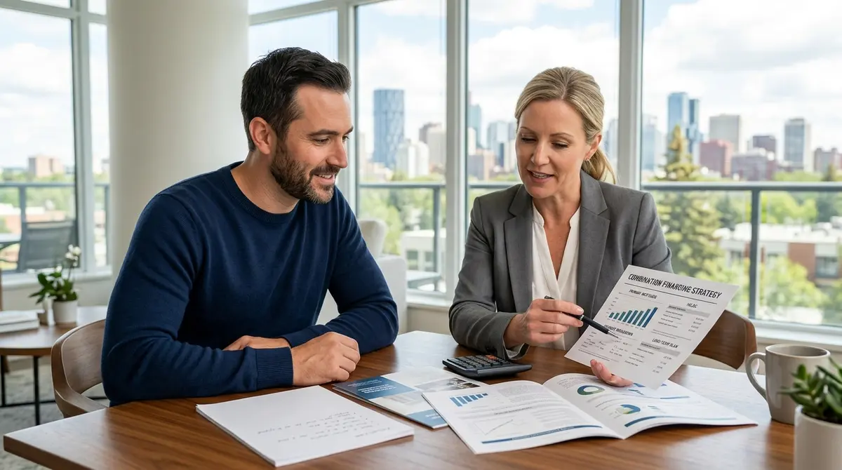 A Calgary homeowner reviewing a combination financing strategy document with a mortgage broker
