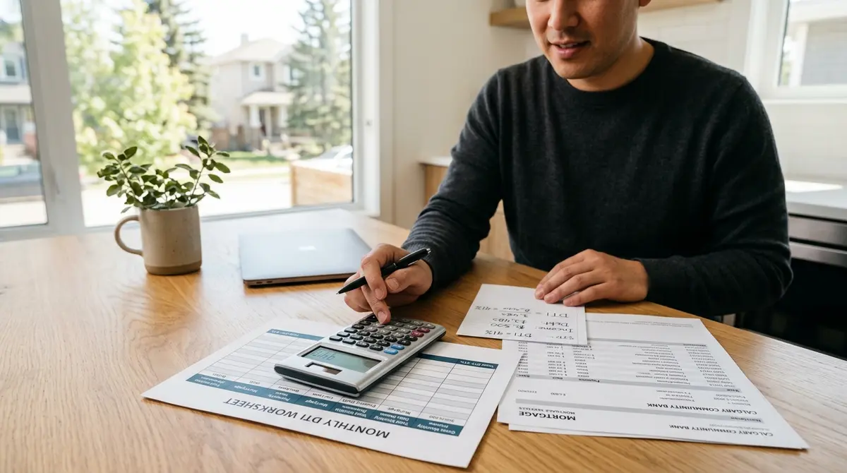 A calculator and financial documents illustrating debt-to-income ratio calculations for Calgary homeowners