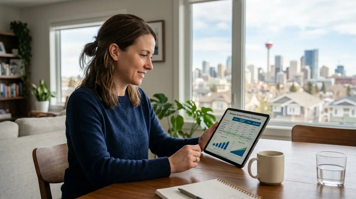 A Calgary homeowner reviewing a mortgage payment frequency comparison chart on a tablet