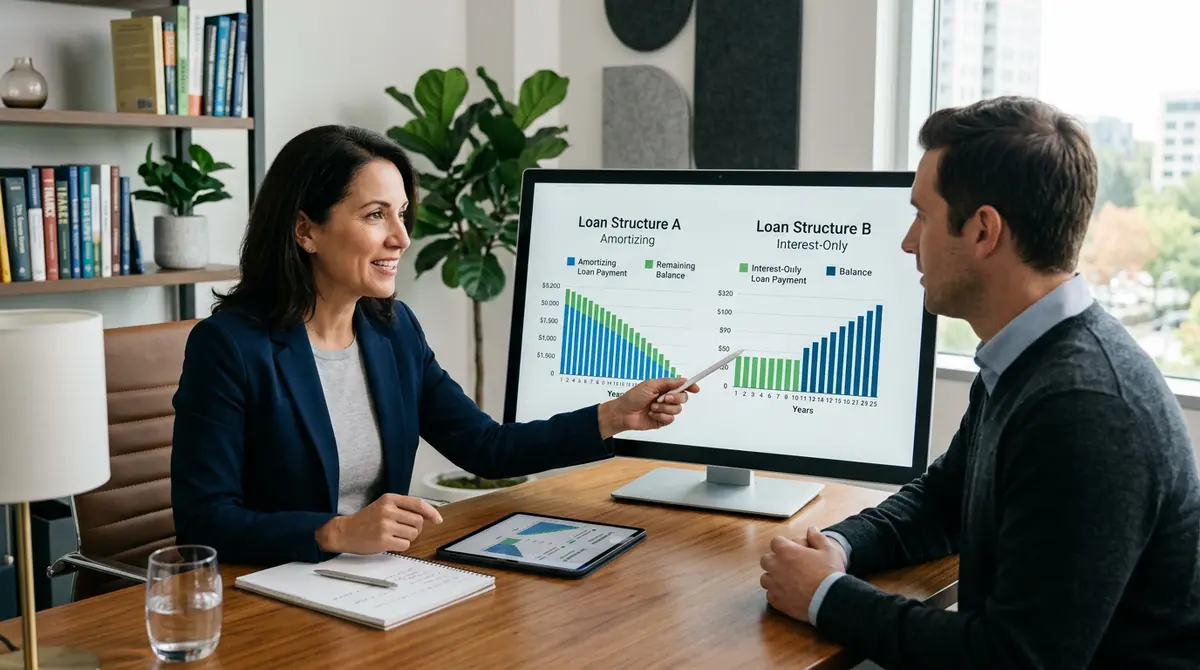 A financial advisor explaining interest-only vs amortizing loan structures to a client in an office