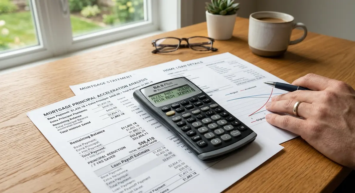 A calculator resting on mortgage documents showing accelerated principal reduction calculations
