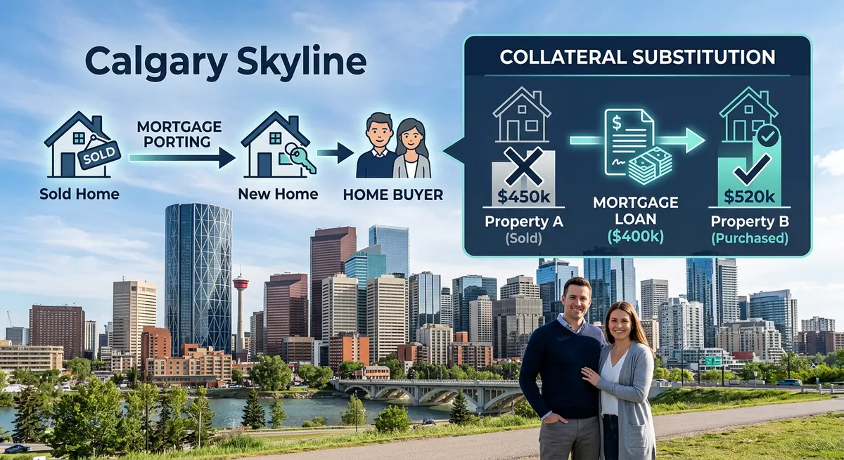 Calgary skyline with a graphical overlay showing mortgage porting collateral substitution