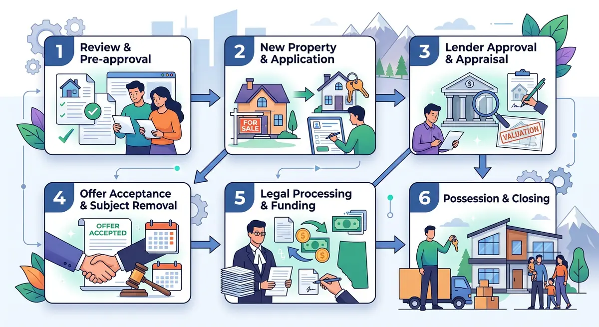 Step by step flowchart showing the 6 stages of porting a mortgage in Alberta
