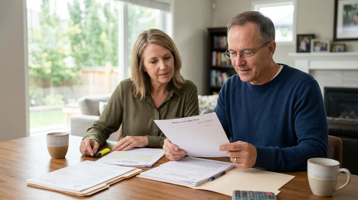 A homeowner reviewing legal discharge documents from the Alberta Land Titles Office