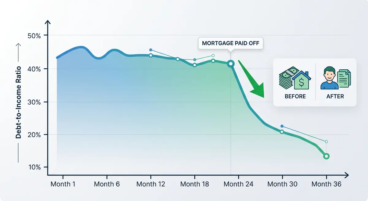 A financial chart showing the drop in Debt-to-Income ratio after paying off a mortgage