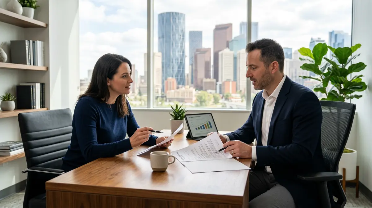 A Calgary homeowner reviewing mortgage refinancing documents with a financial advisor at a modern desk