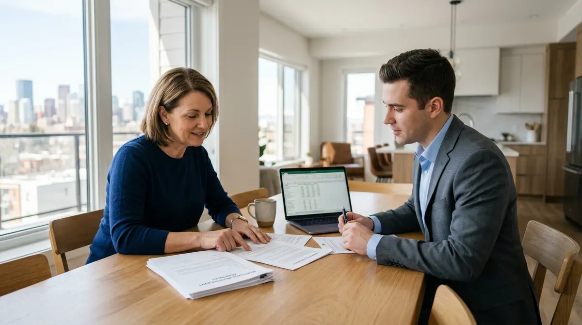 A Calgary homeowner reviewing mortgage modification documents with a financial advisor in 2026