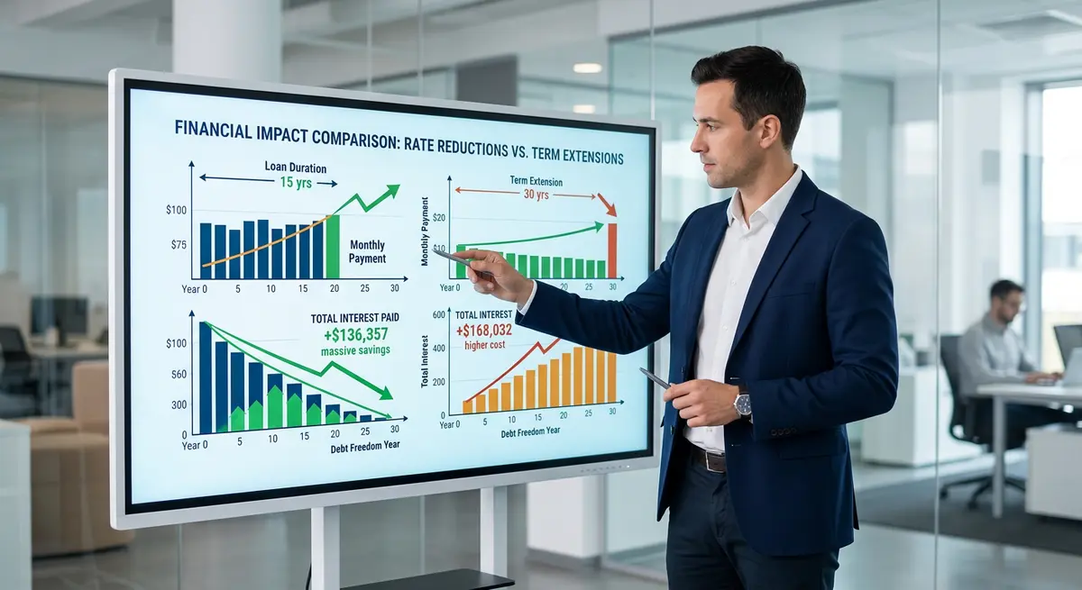 A comparison chart showing the long-term financial impacts of rate reductions versus term extensions
