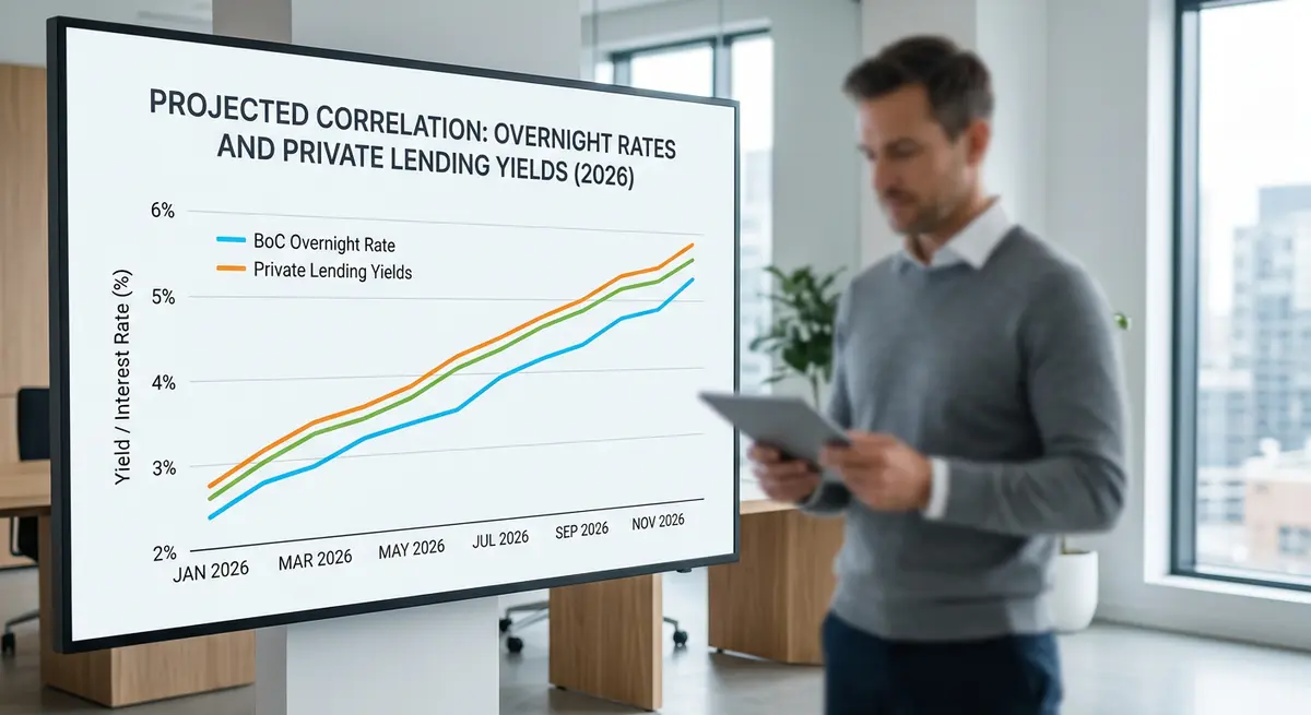 Graph showing the correlation between Bank of Canada overnight rates and private lending yields in 2026