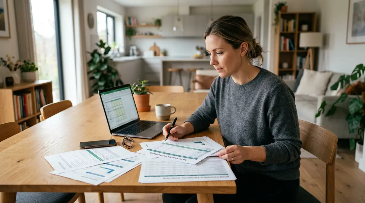 A homeowner reviewing financial documents and mortgage comparison charts at a dining table