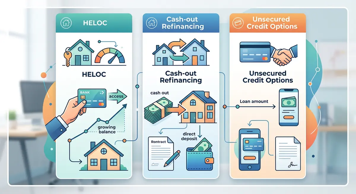 Side-by-side comparison graphic of HELOCs, cash-out refinancing, and unsecured credit options