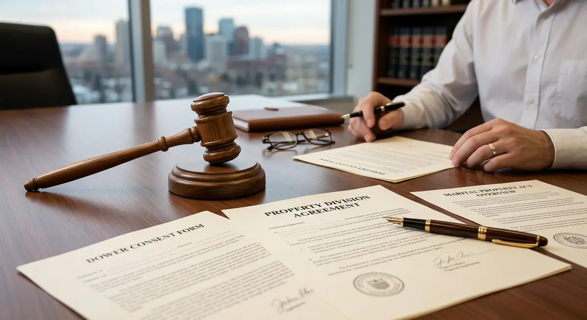 Legal documents and a gavel representing the Alberta Family Property Act and Dower Rights