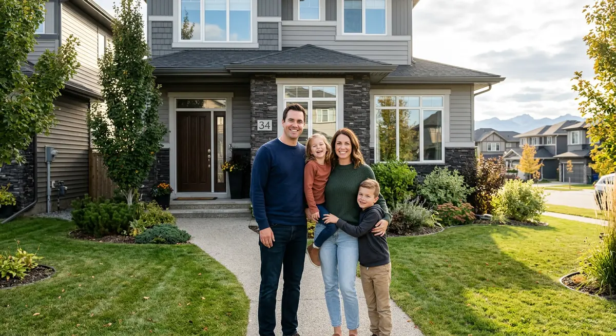 A Calgary family standing in front of their home, representing a successful spousal buyout and retained property