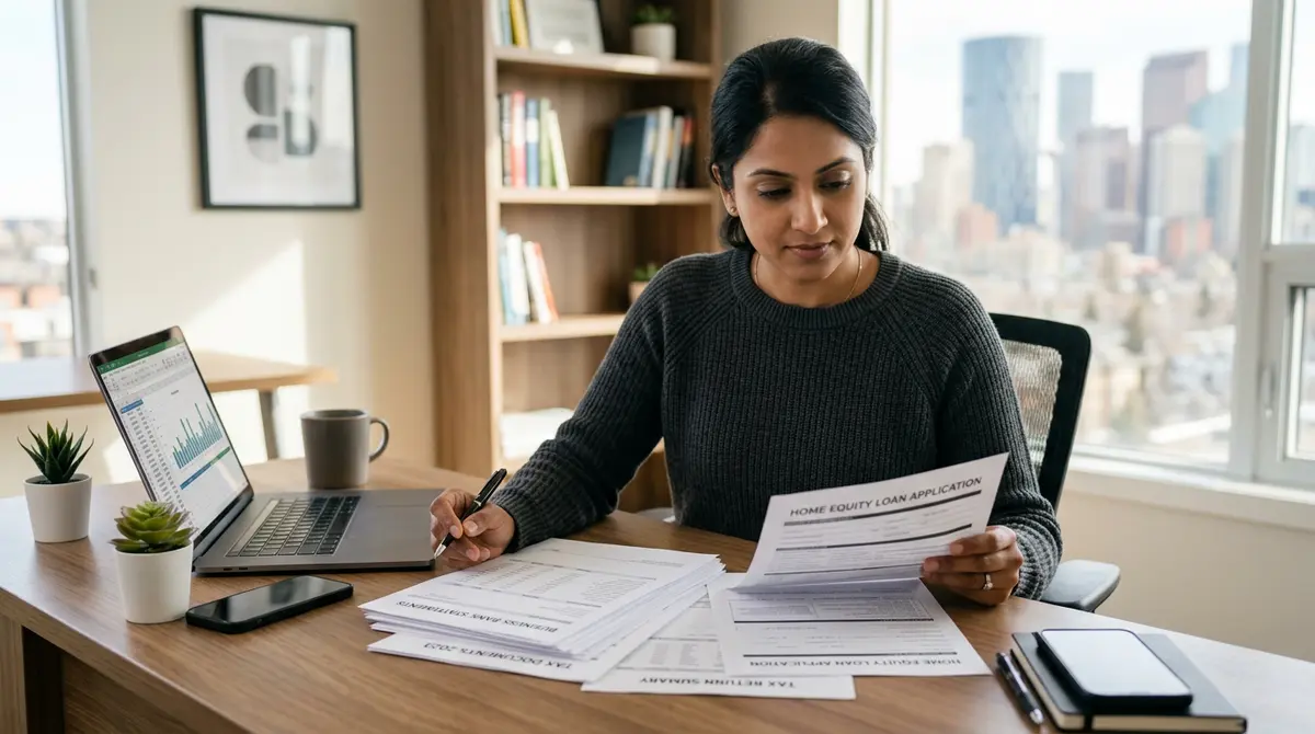 Calgary entrepreneur reviewing business bank statements and tax documents for a home equity loan application