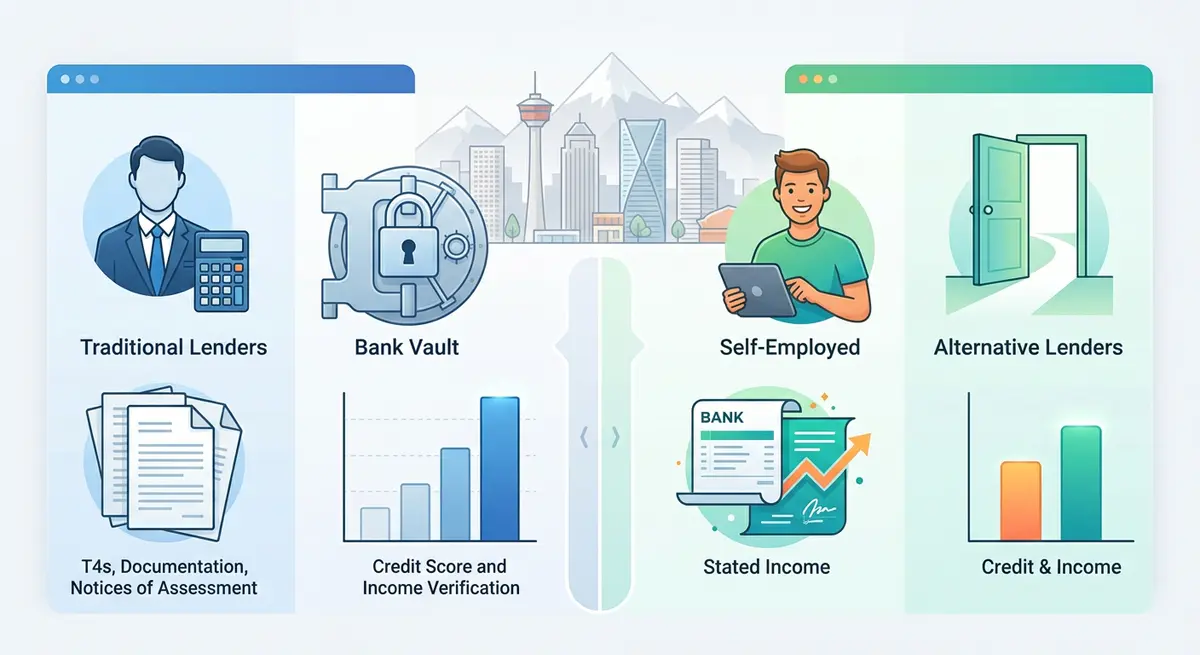 Chart comparing traditional and alternative lender requirements for self-employed second mortgages in Calgary