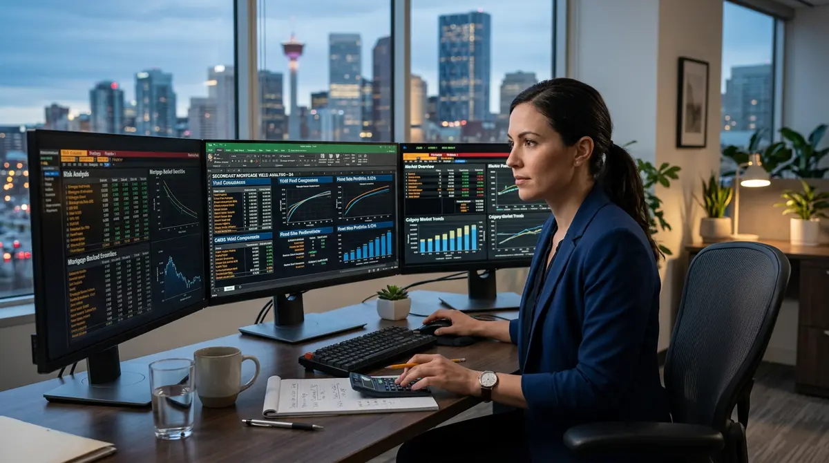 A financial analyst in Calgary reviewing secondary mortgage yield calculations on a multi-monitor setup