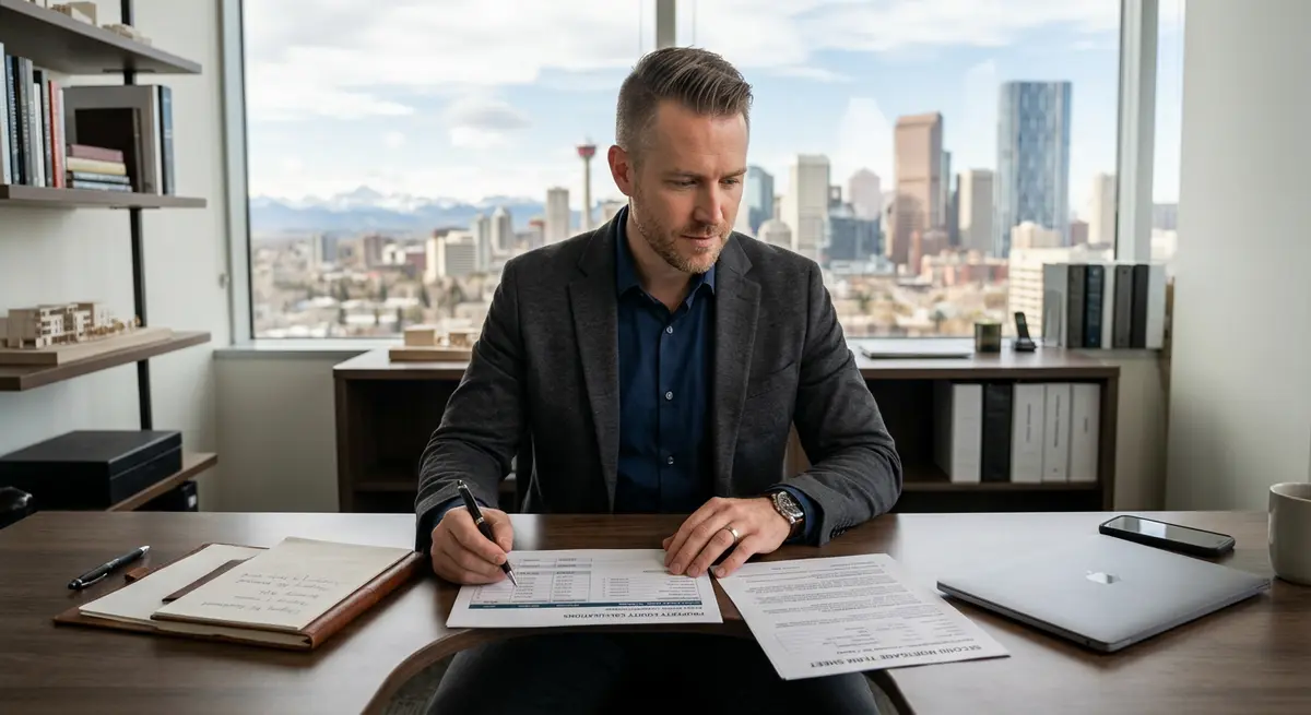 A Calgary real estate investor reviewing property equity calculations and a second mortgage term sheet