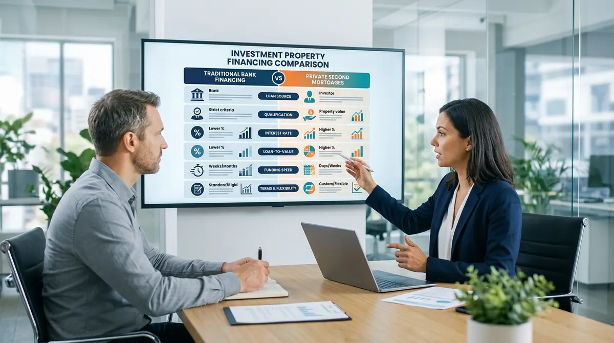 Comparison chart showing traditional bank financing versus private second mortgages for investment properties