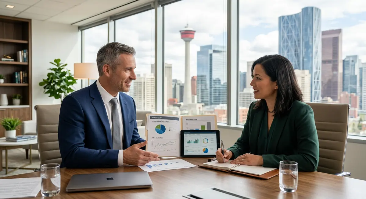 Financial advisor discussing securities backed lending portfolio with a client in a Calgary office