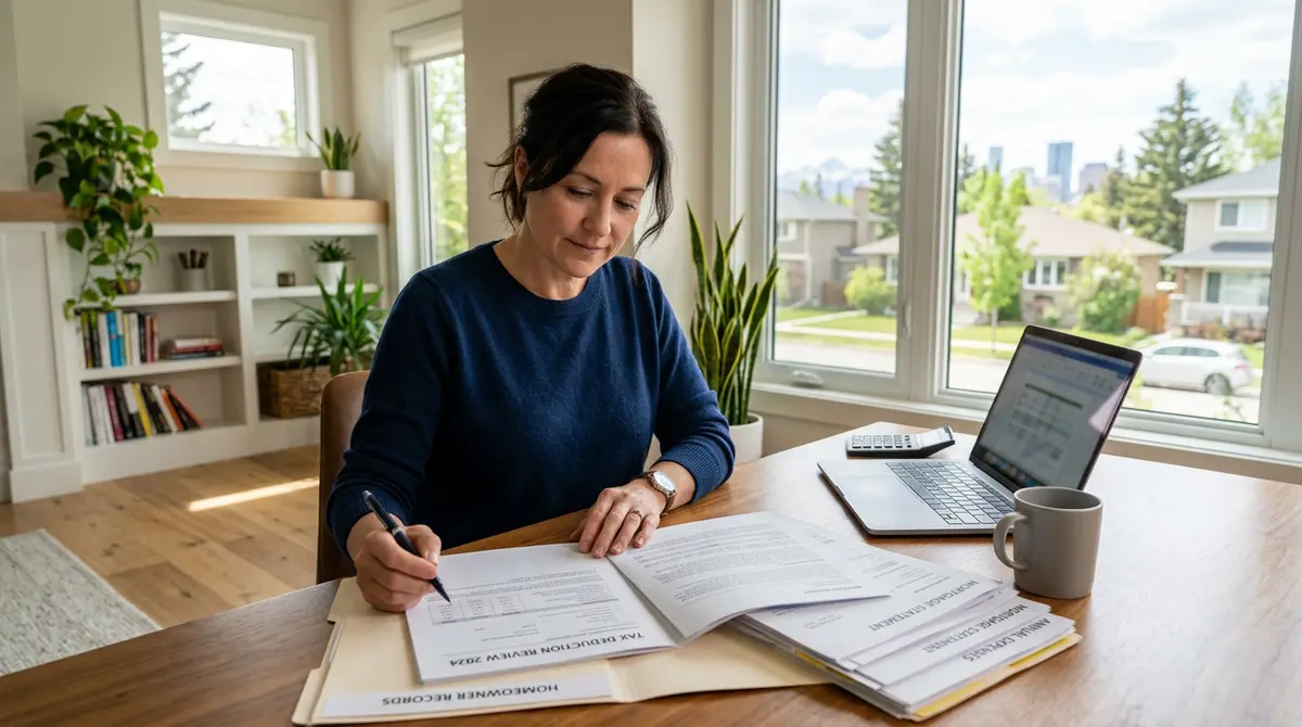 Calgary homeowner reviewing tax deduction documents and mortgage statements