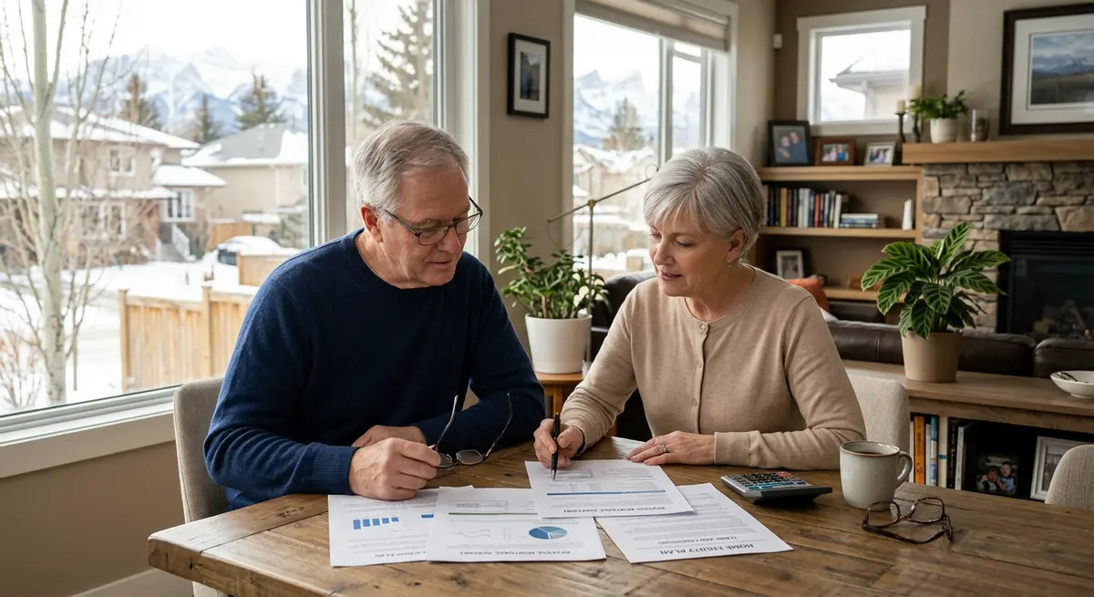 Senior couple reviewing reverse mortgage documents in their Calgary home