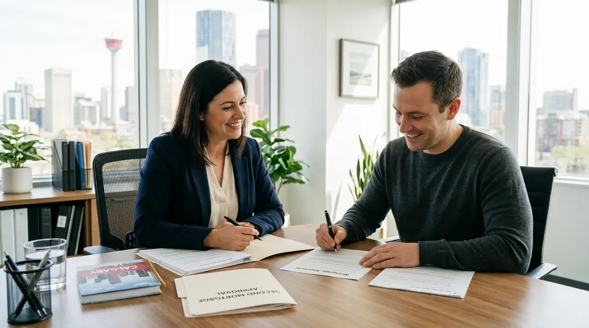 Calgary homeowner signing second mortgage approval paperwork with a mortgage broker
