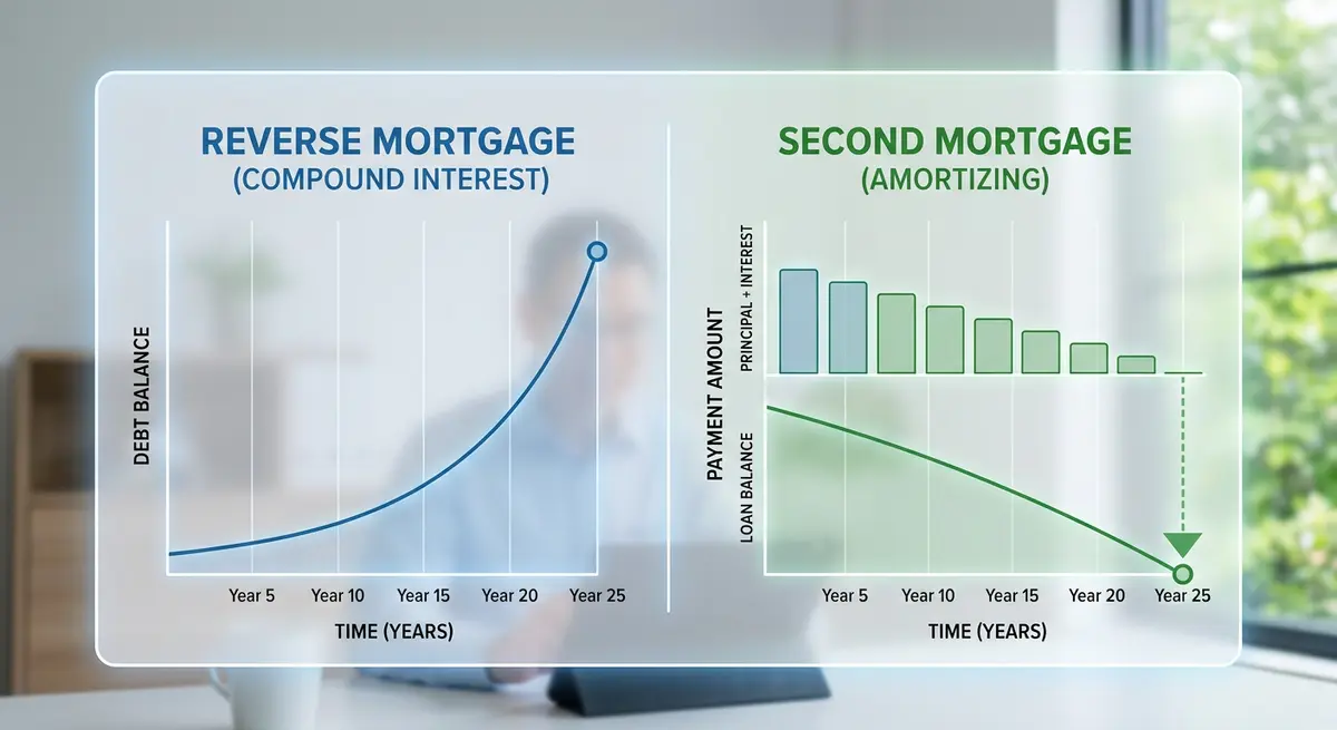 Comparison chart showing compound interest of a reverse mortgage versus amortizing second mortgage