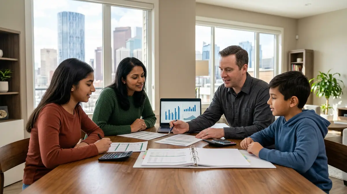A family discussing financial documents at a dining table in Calgary