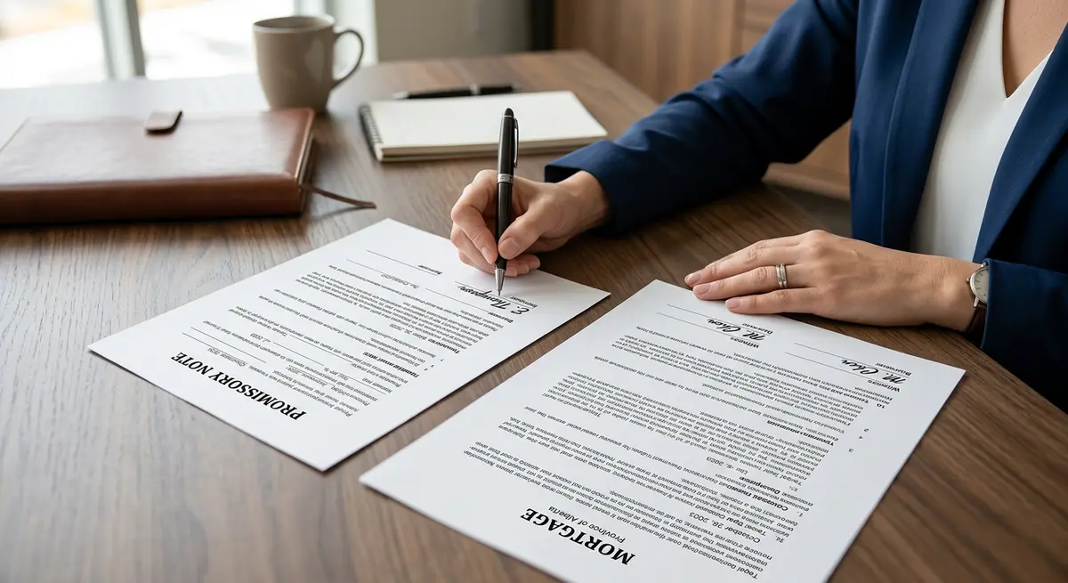 A close-up of a signed promissory note and legal mortgage documents in Alberta