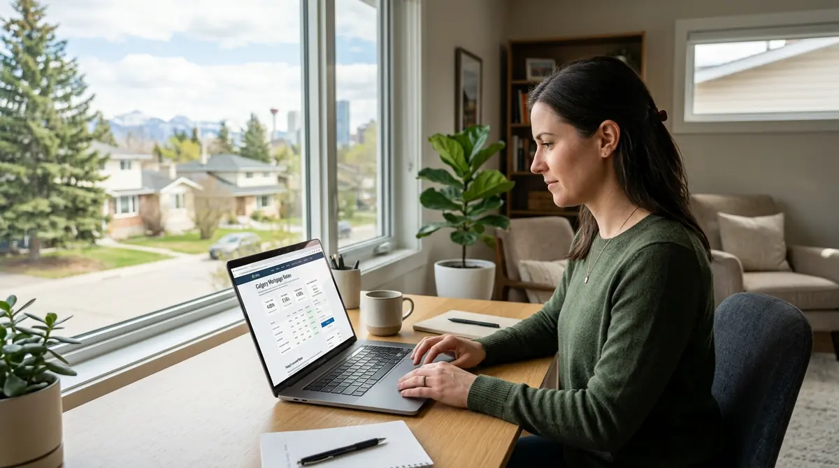 A Calgary homeowner reviewing mortgage rates on a laptop