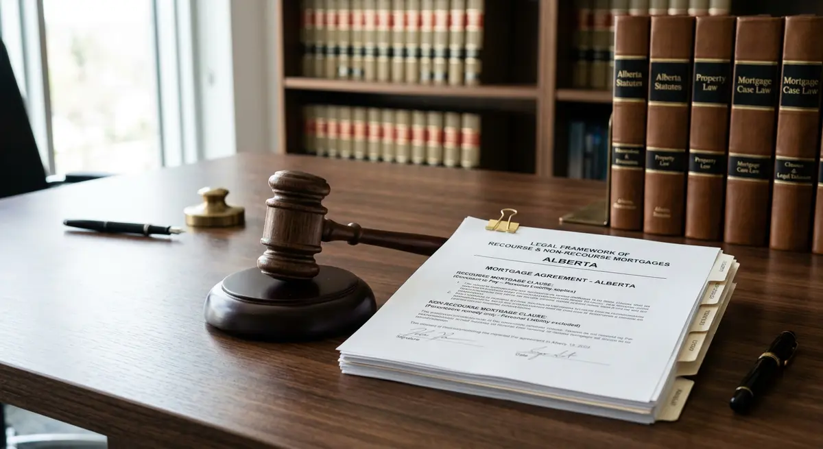 Legal documents and a gavel representing the legal framework of recourse and non-recourse mortgages in Alberta