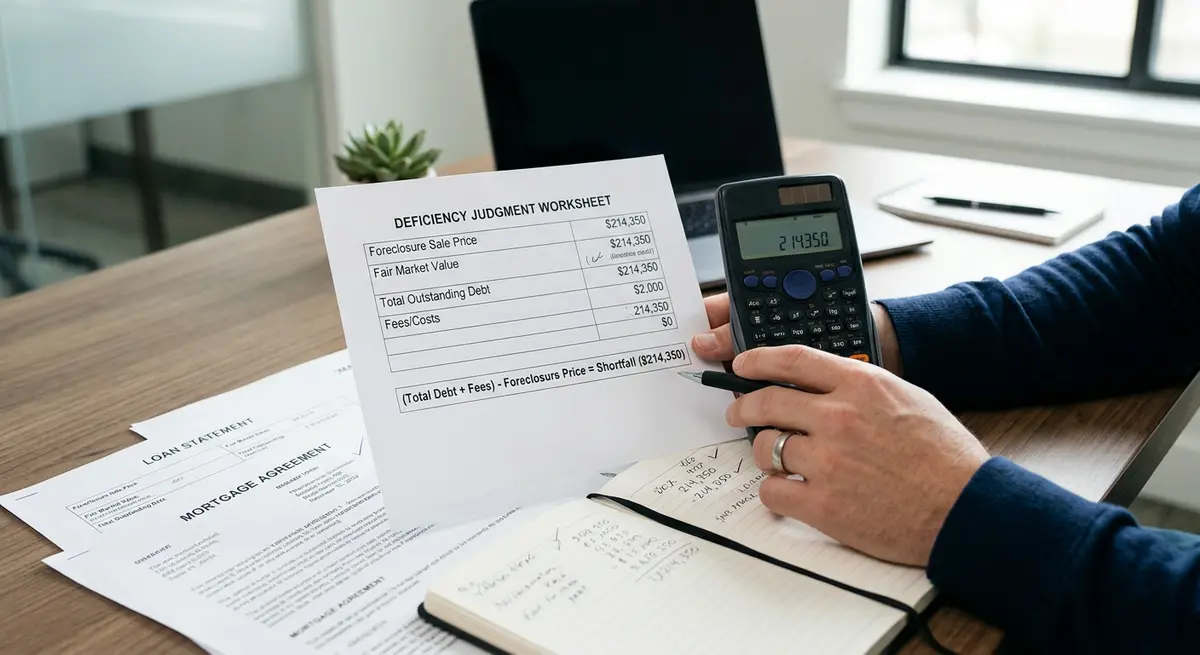 Calculator and financial documents showing the calculation of a deficiency judgment shortfall