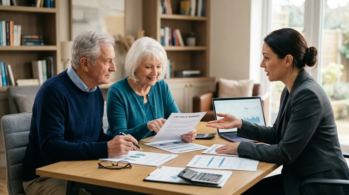 Elderly couple discussing estate planning and mortgage debt with a financial advisor