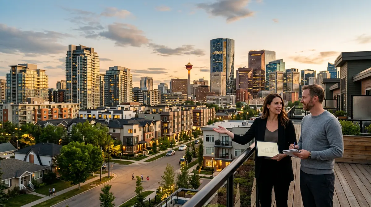 Calgary skyline with a focus on residential real estate and housing market recovery