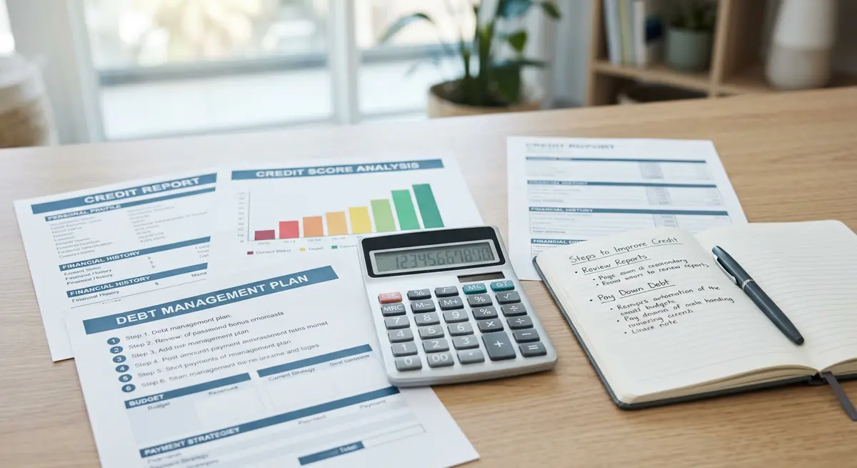 Financial documents, credit reports, and a calculator representing the credit rebuilding process