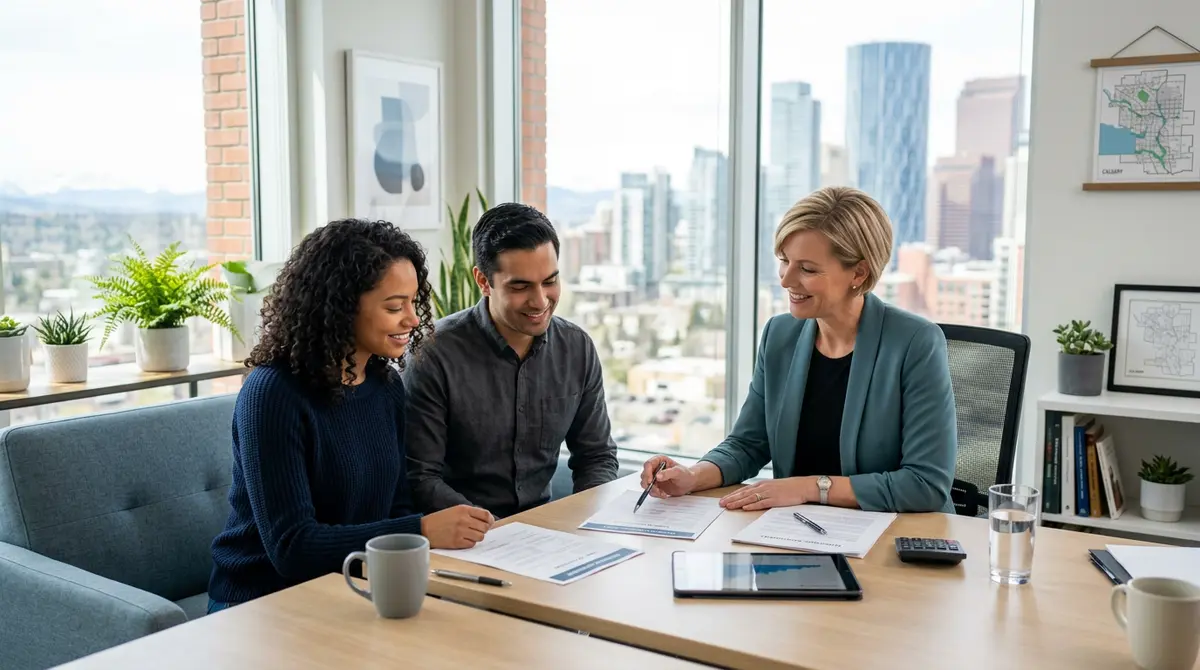 A couple reviewing mortgage documents with a real estate professional in a modern Calgary office