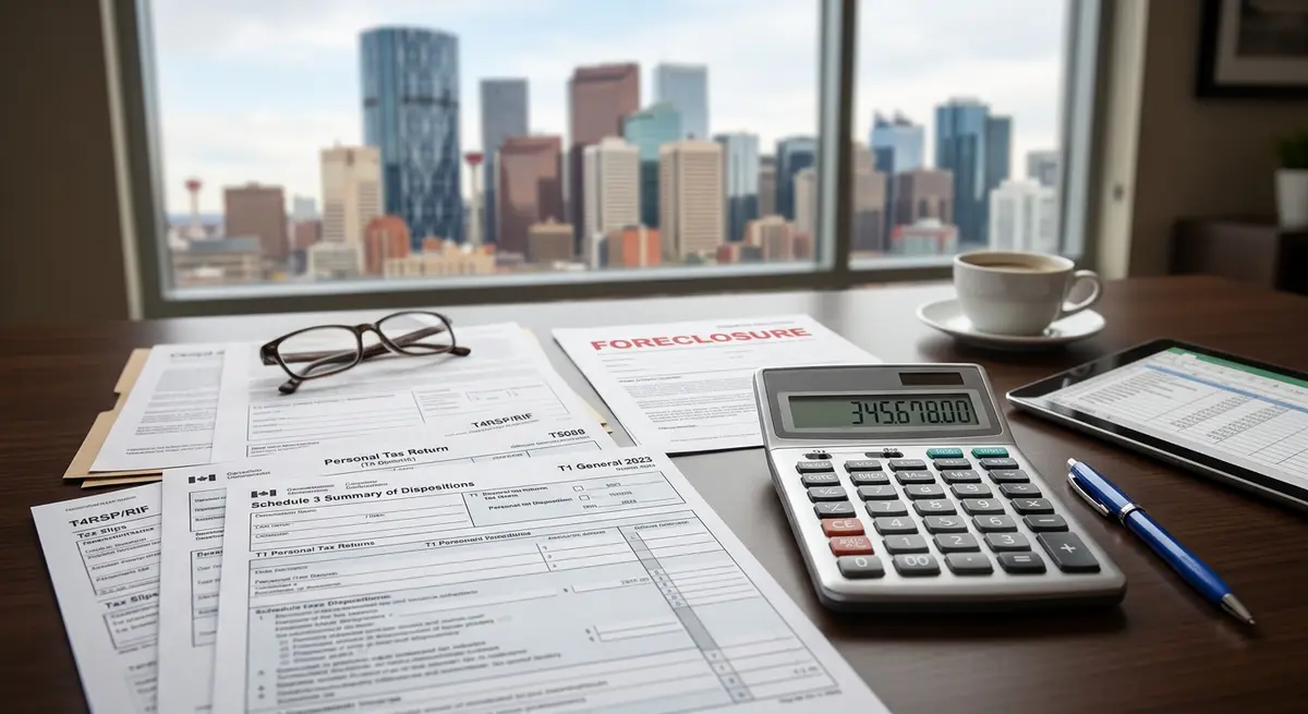 Tax documents and a calculator representing the deemed disposition rules for Calgary foreclosures